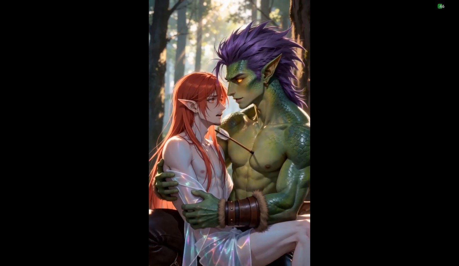 Aeren e Kaelith em uma floresta encantada