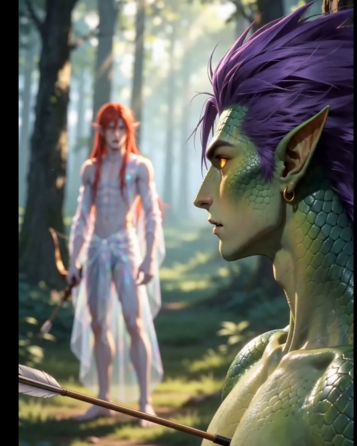 Kaelith com uma flecha e Aeren ao fundo